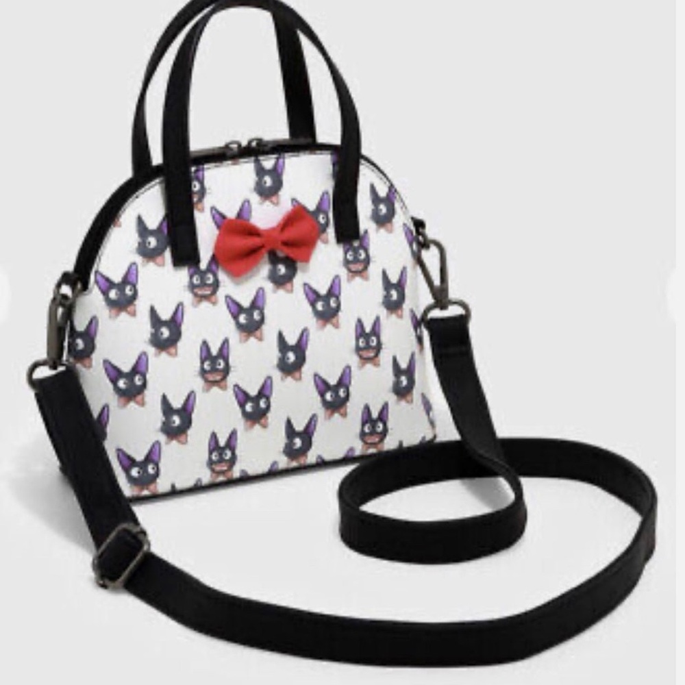 Chic Cat Print Handbag with Red Bow